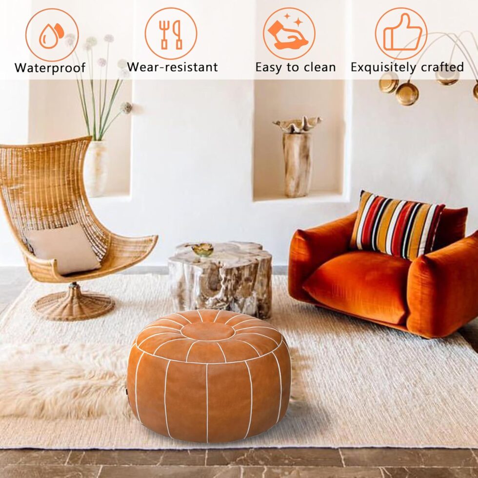 Thgonwid Unstuffed Moroccan Storage Pouf Foot Stool Ottoman Seat Handmade Faux Leather Bean Bag Floor Chair Foot Rest for Living Room, Bedroom or Balcony (Brown)