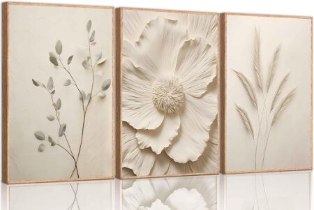 3Pcs Neutral Beige Floral Plant Canvas Wall art Textured Flower Botanical Painting Picture Wall Decor Vintage Blossom Poster Prints for Living Room Bedroom Bathroom Decoration Unframed