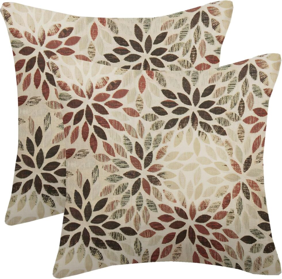 Burgundy Red Brown Pillow Covers 16x16 Inch Set of 2 Summer Rust Geometric Flower Outdoor Decorative Throw Pillows Farmhouse Dahlia Pillow Case Linen Square Cushion Cover for Home Sofa Bedroom