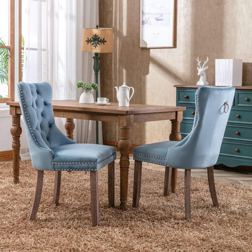 LZ LEISURE ZONE Velvet Dining Chairs Set of 2, Upholstered Accent Chairs with Button Tufted, Nailhead Trim and Back Ring Pull, Light Blue, Seat Height 20"