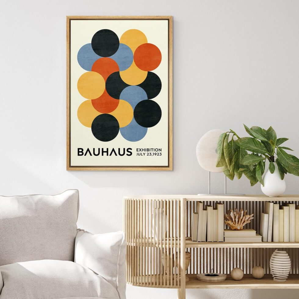 MUDECOR Framed Canvas Print Wall Art Geometric Colorful Circle Bauhaus Polygon Abstract Shapes Illustrations Fine Art Mid-Century Modern Multicolor for Living Room, Bedroom, Office - 16"x24" Natural