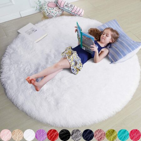 Round Rugs 5Ft White Circle Area Rug, Fluffy Fuzzy Bedroom Carpets for Kids Playroom Home Decor Aesthetic, Plush Soft Shaggy Living Room Rugs for Nursery Dorm Classroom, Modern Cute Shag Furry Carpet