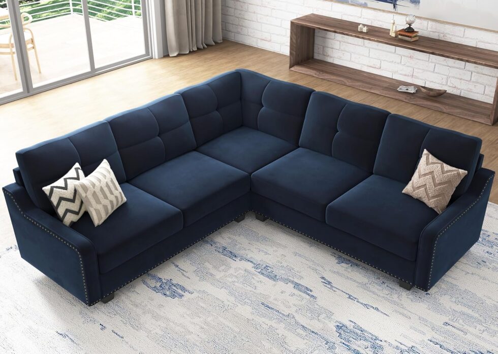 HONBAY Convertible Sectional Sofa L Shaped Couch for Small Apartment Reversible Sectional Couch for Living Room,Velvet Dark Blue