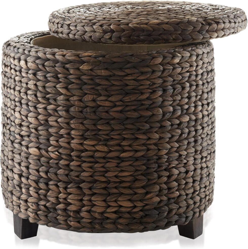 Casafield 17" Round Storage Ottoman with Lid - Espresso, Handwoven Water Hyacinth Footstool for Living Room, Bedroom, Bathroom, Home Office