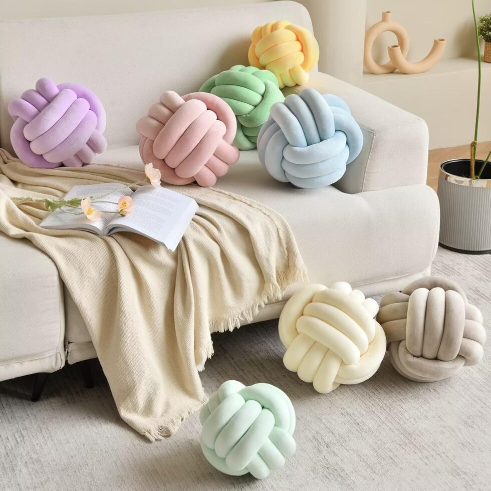 Decorative Throw Knot Pillow Ball for Home Chair Sofa Aesthetic Round Velvet Knotted Pillow Cushion (White, 8 inches)