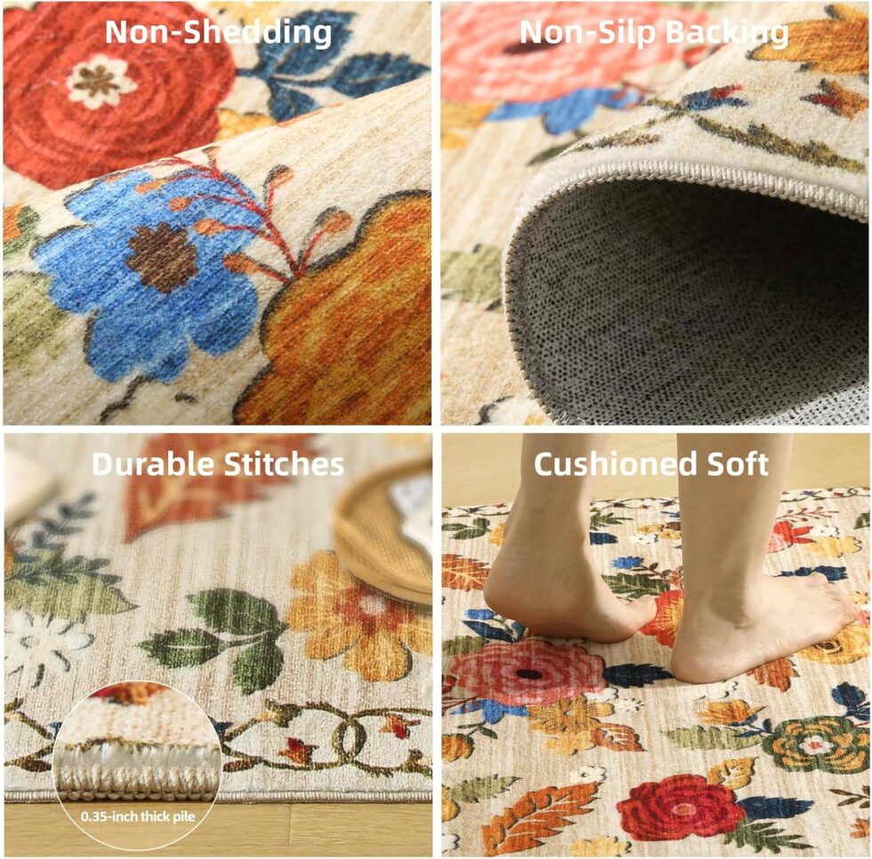 Machine Washable Area Rugs for Bedroom: 5'x7' Living Room Rug Floral Vintage Large Rug Stain Resistant Non Slip Low Pile Faux Wool Soft Rugs for Dining Room Bedside Kitchen Entryway Nursery Office