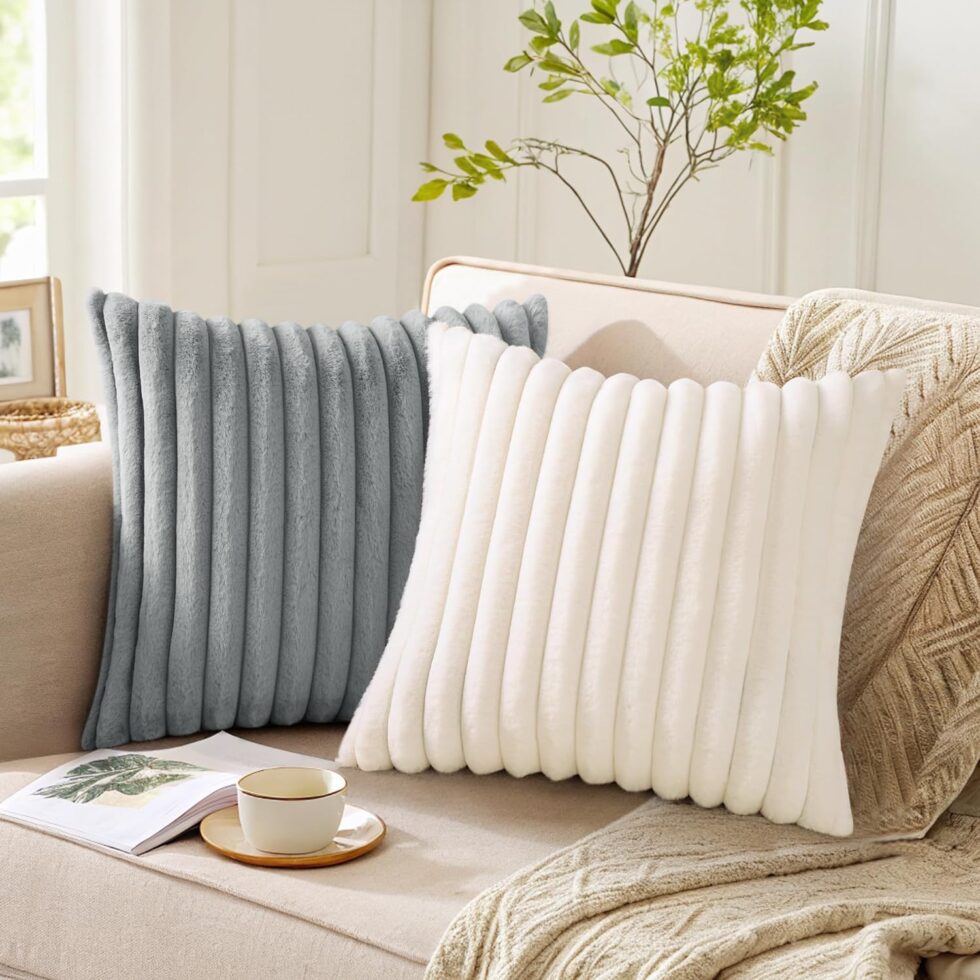 Pallene Faux Fur Plush Fall Throw Pillow Covers 18x18 Set of 2, Luxury Soft Fluffy Striped Decorative Pillow Covers for Sofa, Couch, Living Room, Cream White