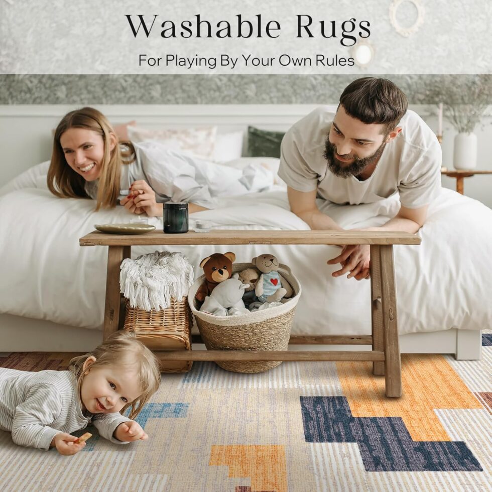 Phantoscope Modern Area Rug 6'x9' – Abstract Tribal Motif Geometric Blocks Pattern, Washable Non-Slip Rugs for Living Room, Bedroom, Dining Room, Vintage Low-Pile Floor Carpet, Warm Terracotta/Cream
