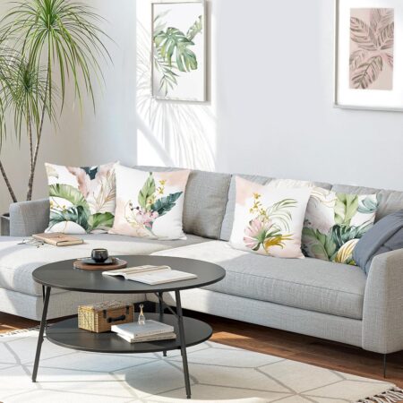 Bonhause Tropical Leaves Throw Pillow Covers 18x18 Set of 4 Green and Pink Palm Leaf Decorative Pillows Case Soft Velvet Cushion Covers for Outdoor Couch Sofa Patio Decor