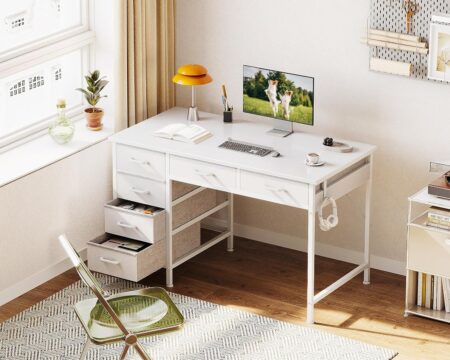 ODK Computer Desk with 6 Drawers, 40 Inch Small Desk with Storage, Reversible Desk with Headphone Hook for Home Office, Work Study Table for Bedroom, White