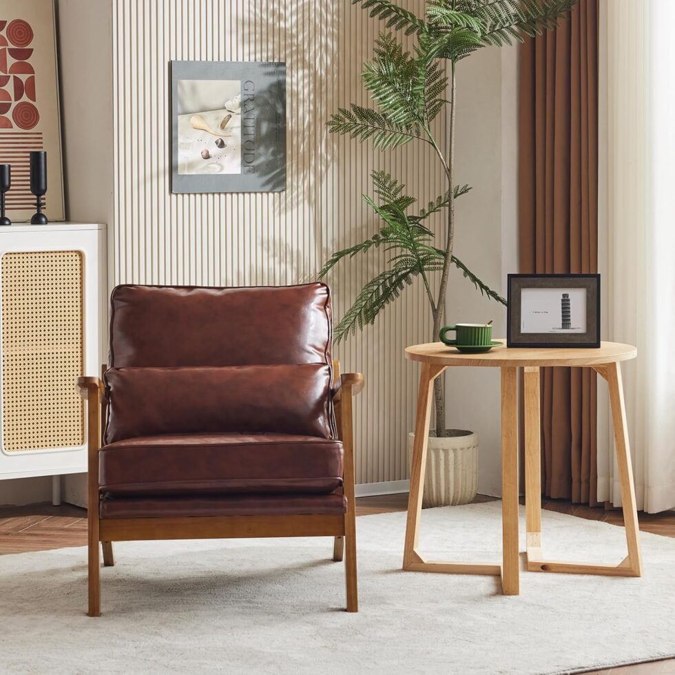 Karl home Accent Chair Wide Armrest Mid-Century Lounge Chair PU Leather Armchair with Lumbar Pillow & Solid Wood Frame for Living Room, Bedroom, Balcony, Red-Brown
