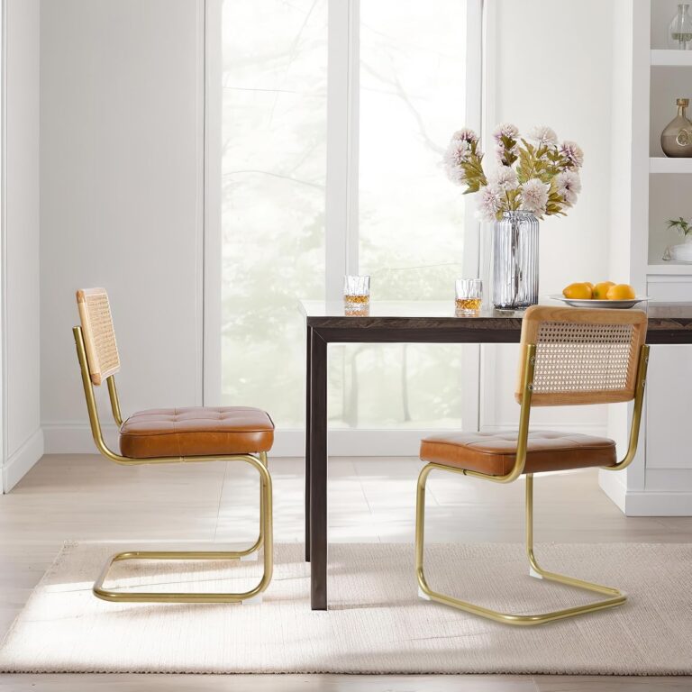 CangLong Natural Rattan Dining Chairs Set of 2, Upholstered Faux Leather Kitchen Chairs, Modern Dining Room Chairs with Solid Wood Back & Sturdy Metal Legs for Living Room, Restaurant, Brown