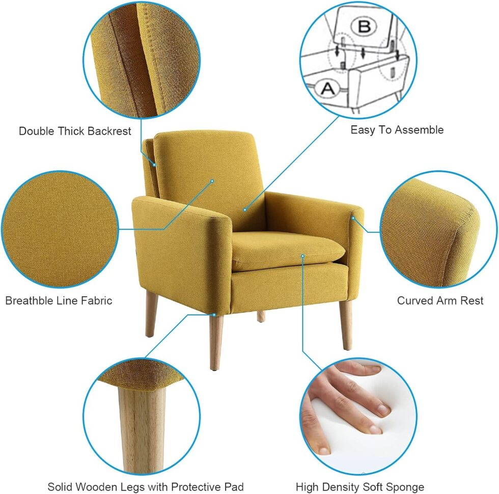 Lohoms Modern Accent Chair for Families, Linen Fabric Upholstered Comfy Armchair for Living Room, Bedroom, Apartment, Waiting Area, Mid-Century Modern Chair with Wood Legs, Mustard Yellow