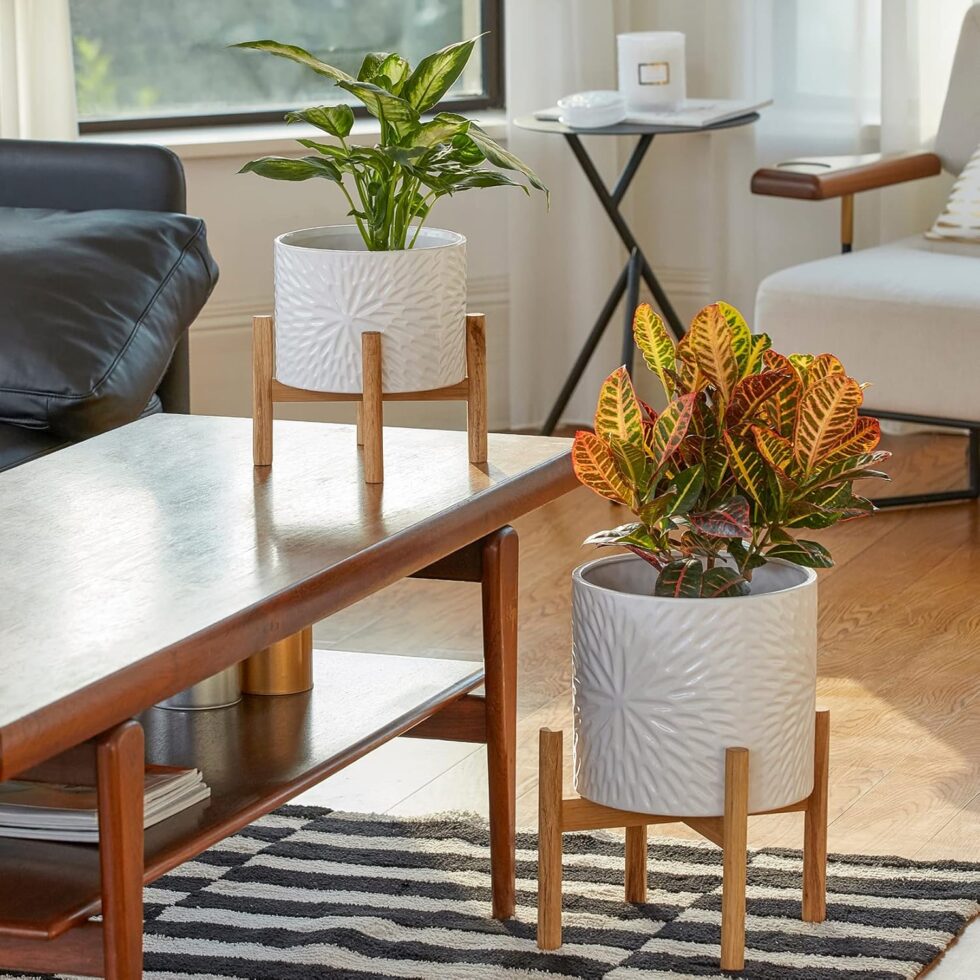 LA JOLIE MUSE White Planter with Stand,Mid Century Planters for Indoor Plants,Ceramic Plant Pot with Stand - 8 Inch Unique Modern Flower Pots Indoor with Drainage Holes