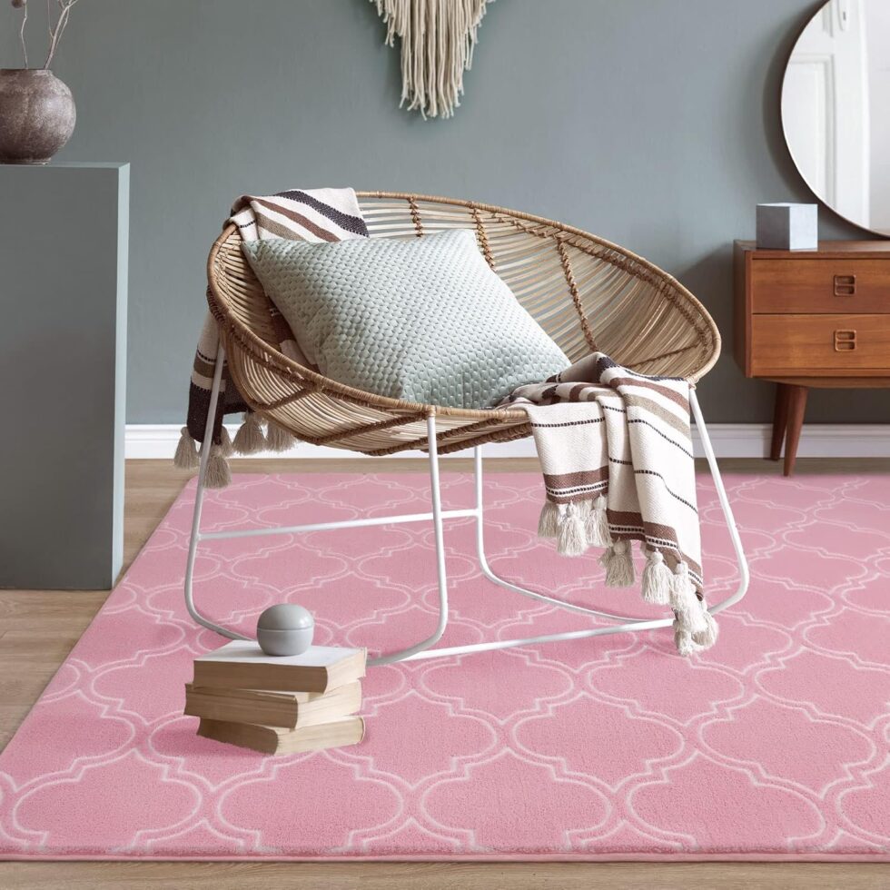 Amearea Fluffy Indoor Trellis Rug, Soft Moroccan Home Rugs for Bedroom, Shag Modern Area Rug for Living Room Kids Room Nursery, Easy Clean, Geometry Home Decor Low Pile Carpet, Pink 4x6 Feet