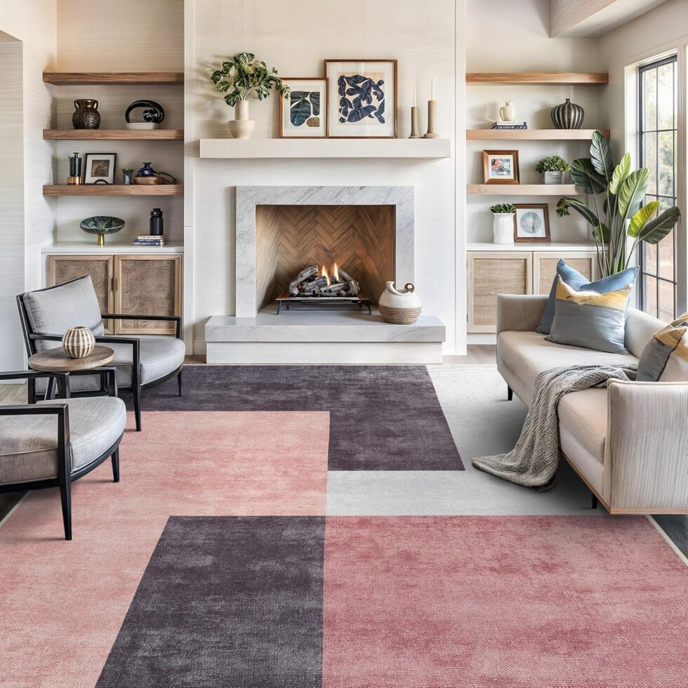 Bloom Rugs Washable Non-Slip 9' x 12' Rug - Pink/Dark Gray Modern Geometric Area Rug for Living Room, Bedroom, Dining Room, and Kitchen - Exact Size: 9' x 12'