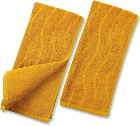 Jacquotha Wavy Striped Cotton Hand Towels, Set of 2, Dry Your Hand Instantly, 13x29 Inches, Mustard Fall Kitchen Bathroom Towel