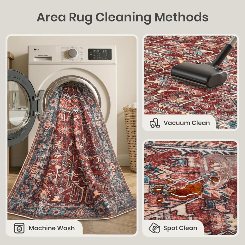 Valenrug Washable Rug 5x7 - Ultra-Thin Antique Collection Area Rug, Stain Resistant Rugs for Living Room Bedroom, Distressed Vintage Rug(Red, 5'x7')