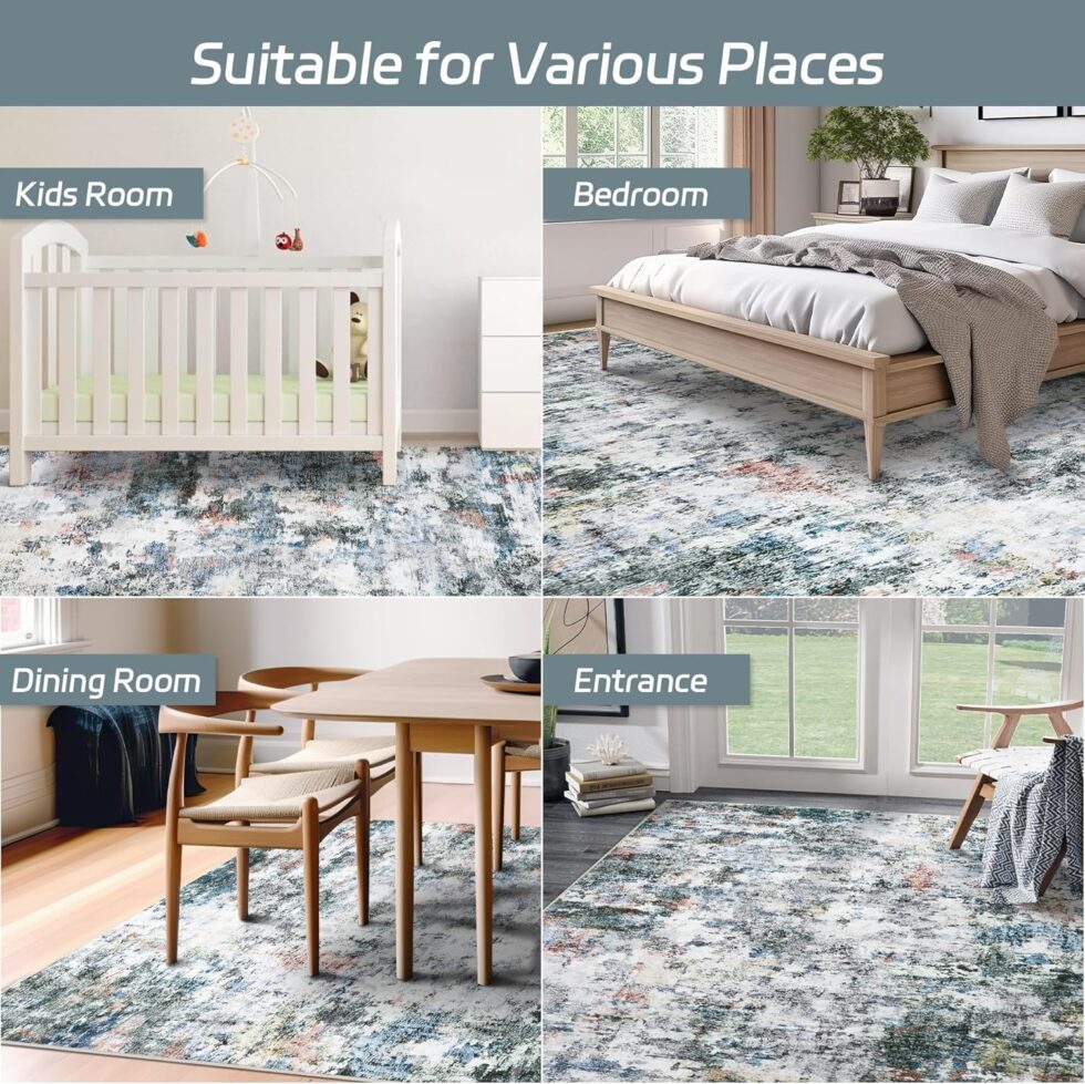 8x10 Washable Area Rug - Modern Abstract Distressed Vintage Carpet with Non-Slip Backing, Stain Resistant & Non-Shedding for Living Room Bedroom, Dining Table, Home Office(Multi-Color, 8'x10')