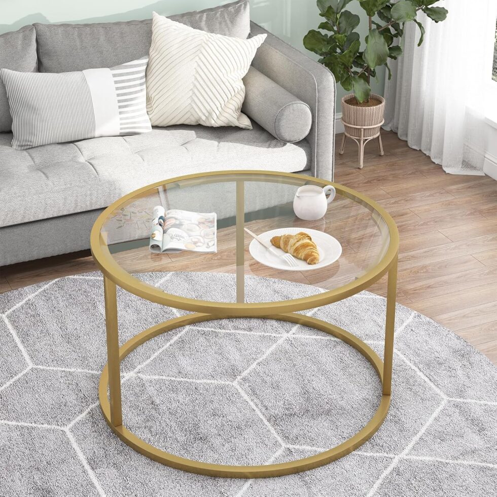 Glass Coffee Table,Round Gold Coffee Table for Small Space,27" Modern Center Table,Glass Top Clear Coffee Table with Sturdy Metal Frame for for Living Room Home Office, Easy Assembly