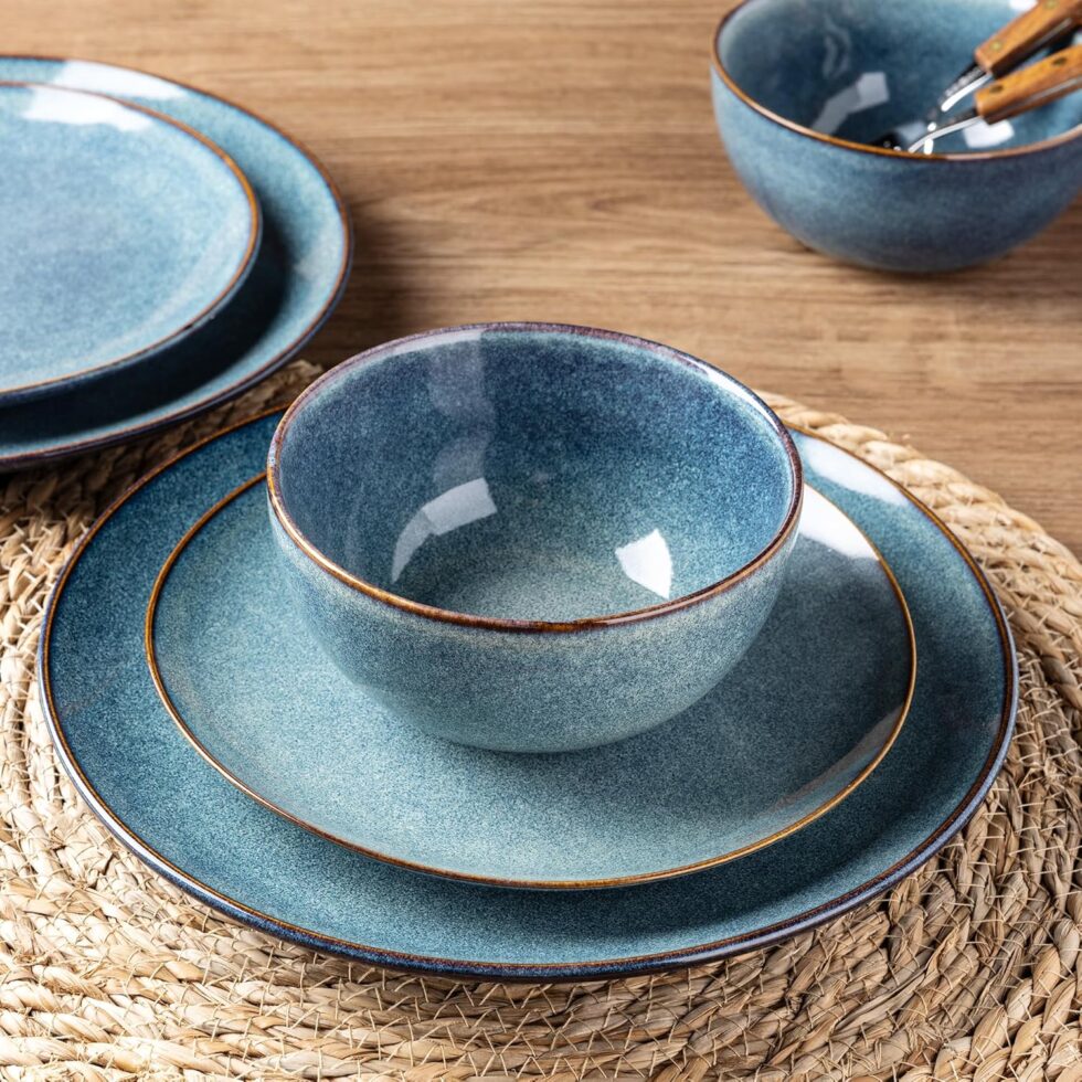 AmorArc Ceramic Dinnerware Sets for 4, 12 Pieces Handpainted Plates and Bowls Set, Scratch Resistant Stoneware Dishes Set, Dishwasher & Microwave Safe, Ceylon Blue