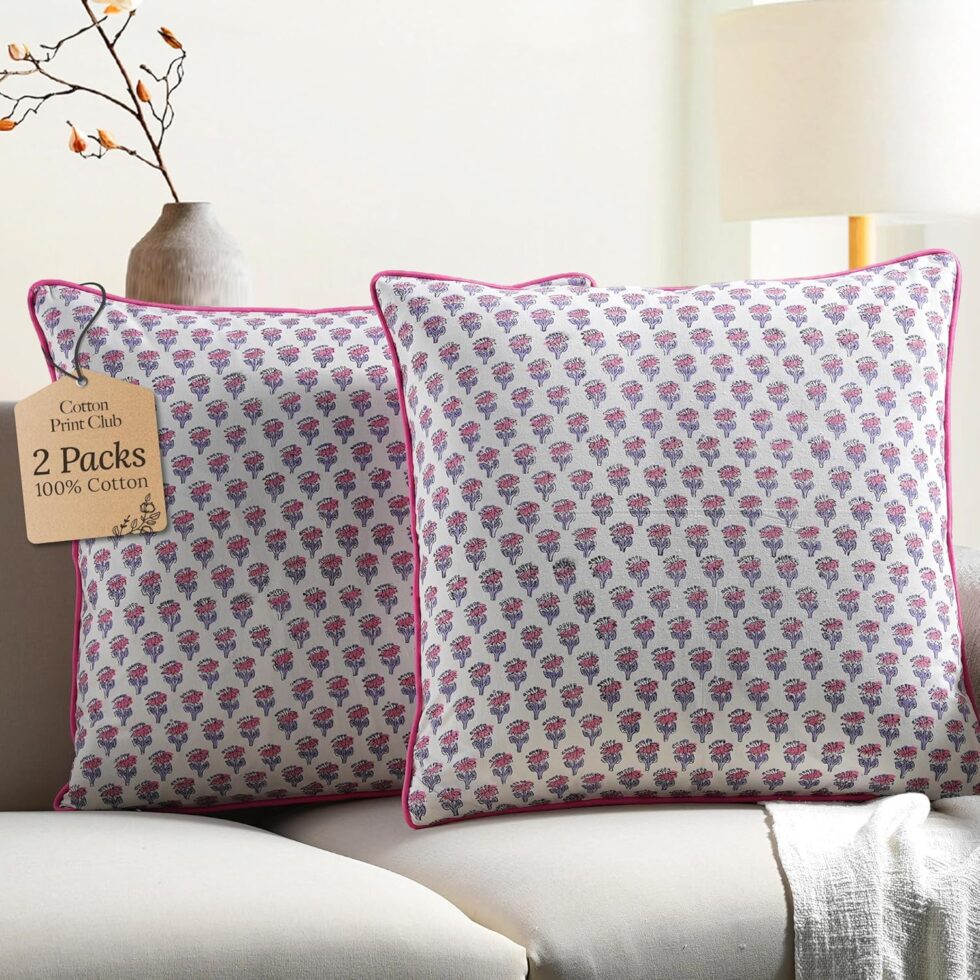 CPC 100% Cotton Throw Pillow Covers 18x18 Inch, Set of 2 Pink Block Print Pattern Couch Pillow, Cute Boho Decorative Pillows for Living Room, Bedroom with Hidden Zipper- Pink Sapphire