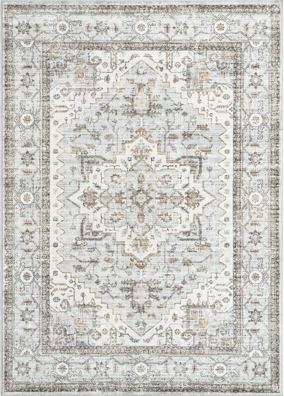 8x10 Area Rugs for Living Room, Stain Resistant Neutral Washable Rugs for Dining Room, Floral Vintage Non-Slip Thin Large Size Area Rug （Blue＆Beige）