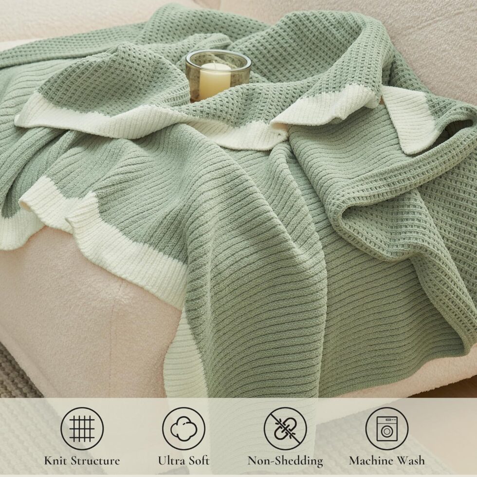 Amélie Home Chenille Waffle Throw Blanket for Couch, Reversible Soft Cozy Knit Blanket Lightweight Warm Decorative Throw for Sofa, Bed, Living Room, 50"x60", Sage Green