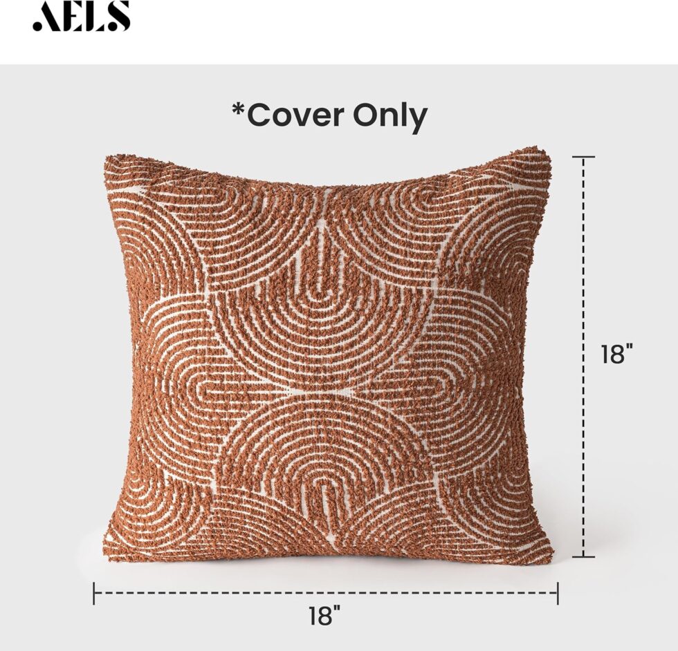 AELS Boho Decorative Textured Throw Pillow Covers 18x18, Organic Modern Mid Century Rainbow Tufted Pillow Case, Farmhouse Rustic Geometric Woven Cushion Case for Bed Couch Sofa, Burnt Orange