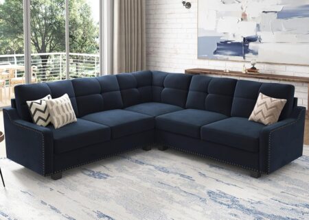 HONBAY Convertible Sectional Sofa L Shaped Couch for Small Apartment Reversible Sectional Couch for Living Room,Velvet Dark Blue