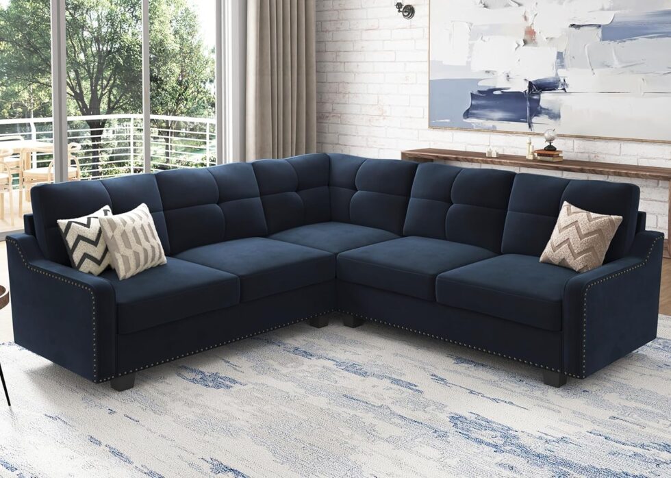 HONBAY Convertible Sectional Sofa L Shaped Couch for Small Apartment Reversible Sectional Couch for Living Room,Velvet Dark Blue