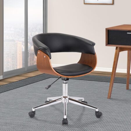 Armen Living Bellevue Mid-Century Office Chair in Chrome Finish with Black Faux Leather and Walnut Veneer