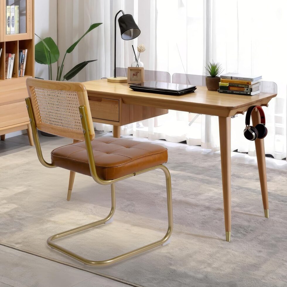 CangLong Natural Rattan Dining Chairs Set of 2, Upholstered Faux Leather Kitchen Chairs, Modern Dining Room Chairs with Solid Wood Back & Sturdy Metal Legs for Living Room, Restaurant, Brown