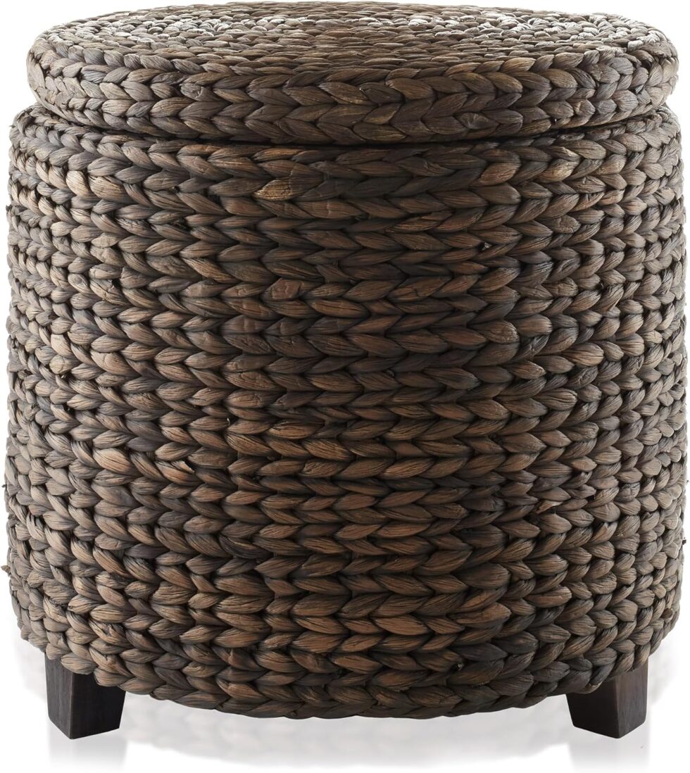 Casafield 17" Round Storage Ottoman with Lid - Espresso, Handwoven Water Hyacinth Footstool for Living Room, Bedroom, Bathroom, Home Office