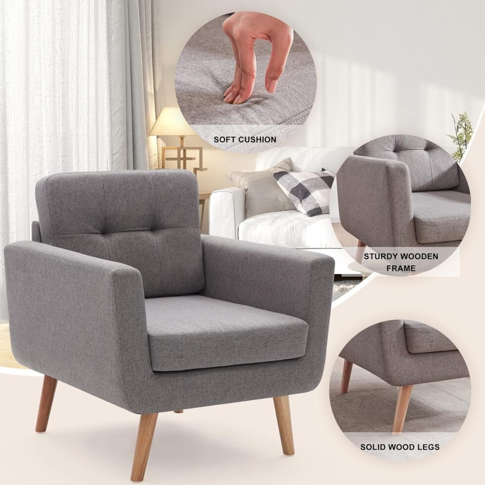 Tbfit Accent Chair, Reading Chair for Living Room & Bedroom, Mid Century Modern Arm Chair, Button Tufted Upholstered Accent Chairs Sofa with Solid Wood Frame (Stone Grey)