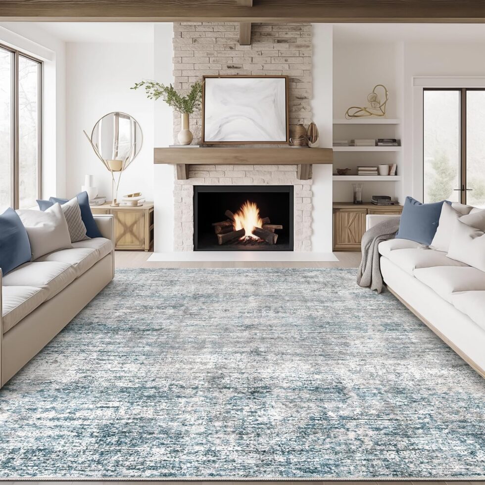Living Room Area Rugs - 8x10 Abstract Large Soft Indoor Washable Rug Neutral Modern Low Pile Carpet for Bedroom Farmhouse Home Office,Blue Gray
