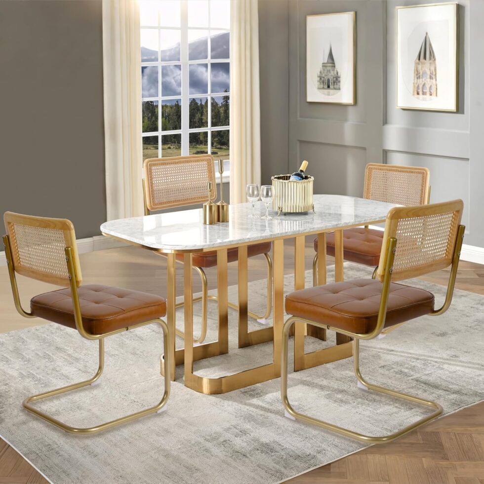 CangLong Natural Rattan Dining Chairs Set of 2, Upholstered Faux Leather Kitchen Chairs, Modern Dining Room Chairs with Solid Wood Back & Sturdy Metal Legs for Living Room, Restaurant, Brown