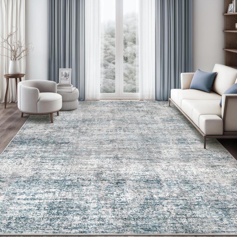 Living Room Area Rugs - 8x10 Abstract Large Soft Indoor Washable Rug Neutral Modern Low Pile Carpet for Bedroom Farmhouse Home Office,Blue Gray