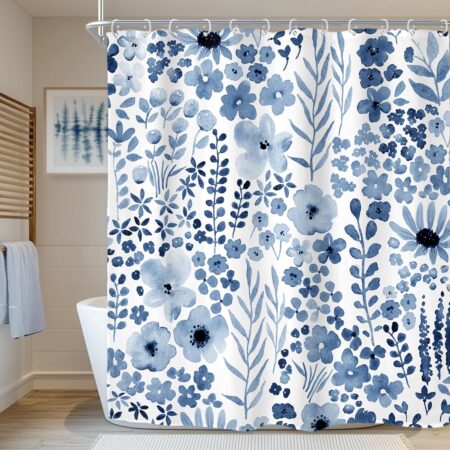 Riyidecor Navy Blue Floral Shower Curtain for Bathroom Decor 72Wx72H Wildflower Watercolor Flower Leaves Botanical Plant Spring Art Printed Fabric Polyester Waterproof 12 Pack Plastic Hooks