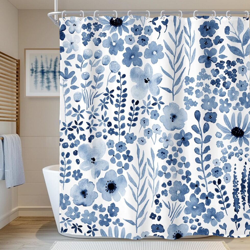 Riyidecor Navy Blue Floral Shower Curtain for Bathroom Decor 72Wx72H Wildflower Watercolor Flower Leaves Botanical Plant Spring Art Printed Fabric Polyester Waterproof 12 Pack Plastic Hooks