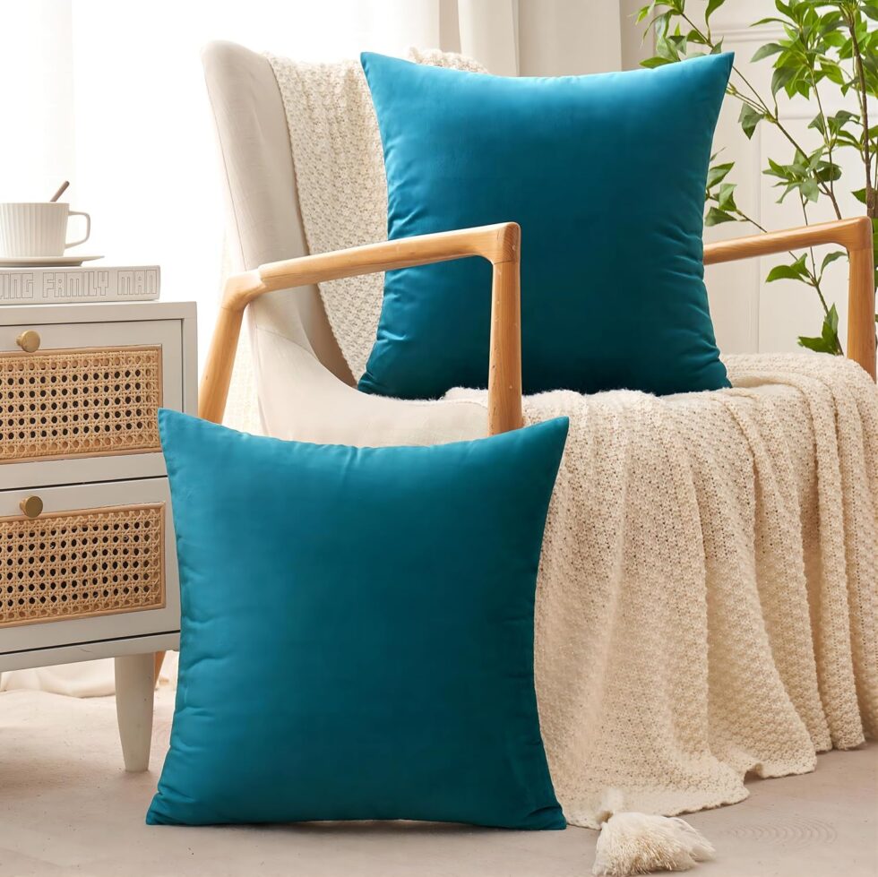 ANRODUO Pack of 2 Velvet Teal Throw Pillow Covers 18x18 Inch Decorative Pillow Covers Euro Cushion Case Soft Solid Square Cozy Modern Home Decor Pillowcase for Sofa Couch Bed Room Decor Home Decor