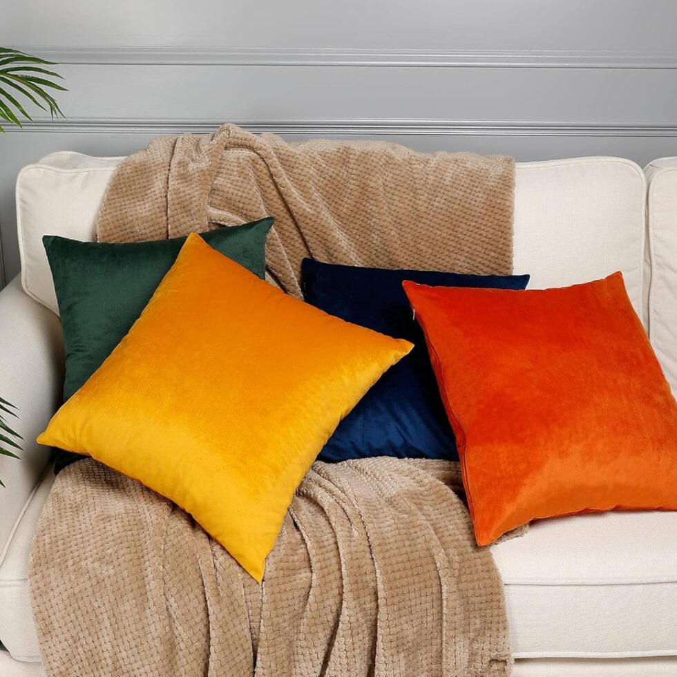 MZPSO Velvet Super Soft Solid Decorative Square Throw Pillows Covers 18 x 18 Inch Set Cushion Case for Sofa Bedroom Car 45 x 45 cm Pack of 2, Orange Yellow