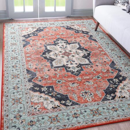 FlyDOIT Vintage Washable Area Rug, 6x9 Red Blue Floral Medallion Large Rugs for Living Room, Ultra Soft Accent Bedroom Rug, Indoor Non-SLI Throw Carpet for Entryway Dorm Kitchen Dining Room Decor