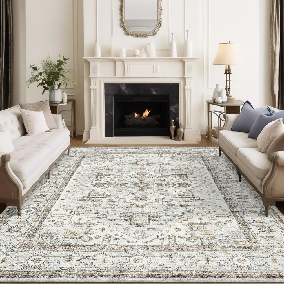 8x10 Area Rugs for Living Room, Stain Resistant Neutral Washable Rugs for Dining Room, Floral Vintage Non-Slip Thin Large Size Area Rug （Blue＆Beige）