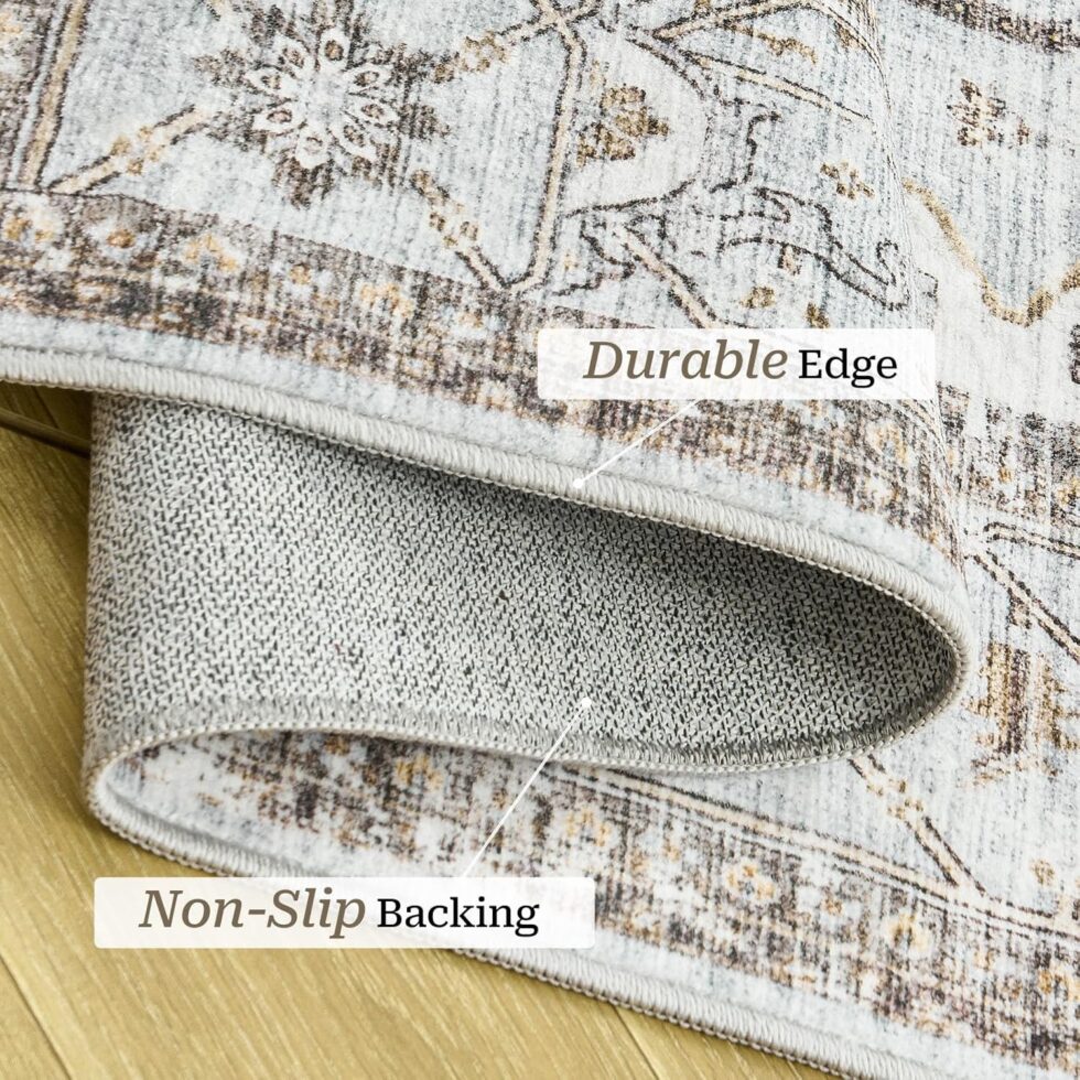 8x10 Area Rugs for Living Room, Stain Resistant Neutral Washable Rugs for Dining Room, Floral Vintage Non-Slip Thin Large Size Area Rug （Blue＆Beige）