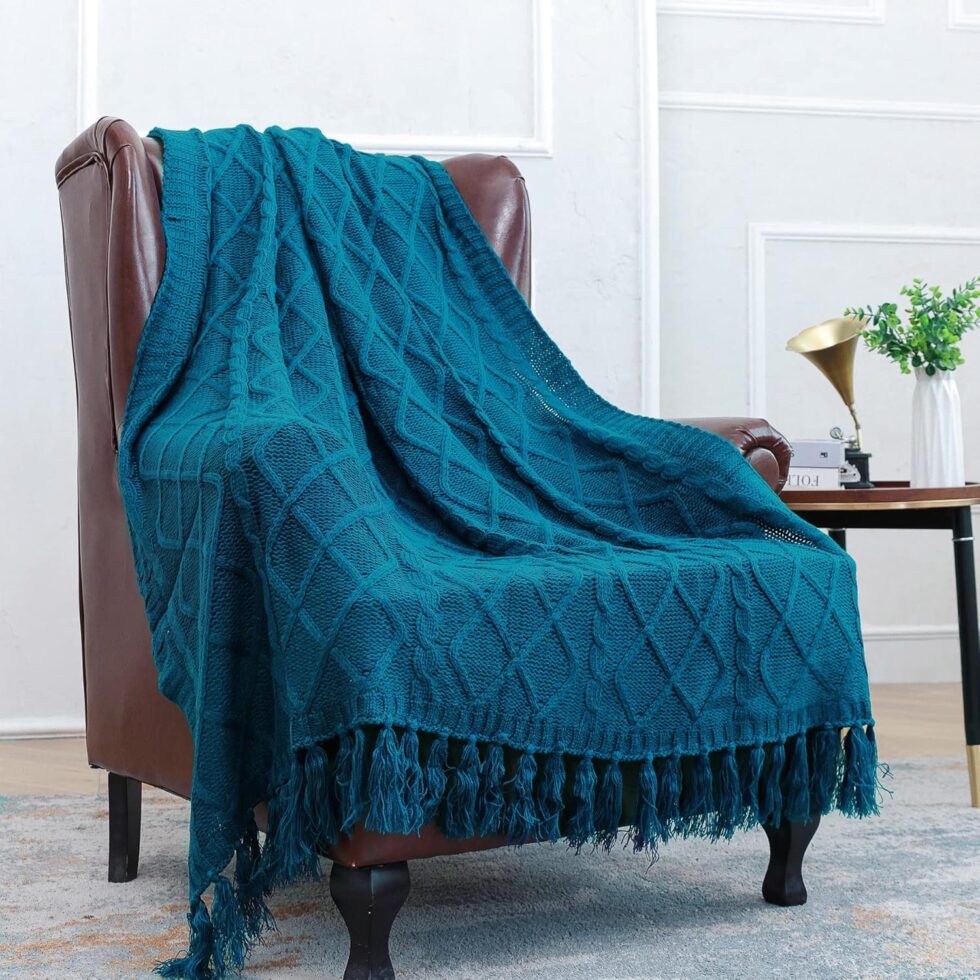 Solid Soft Cozy Cable Knitted Teal Blue Blanket Throw, Lightweight Decorative Textured Turquoise Throw Blanket with Fringes for Couch Chairs Bed Sofa, 50"x 60"