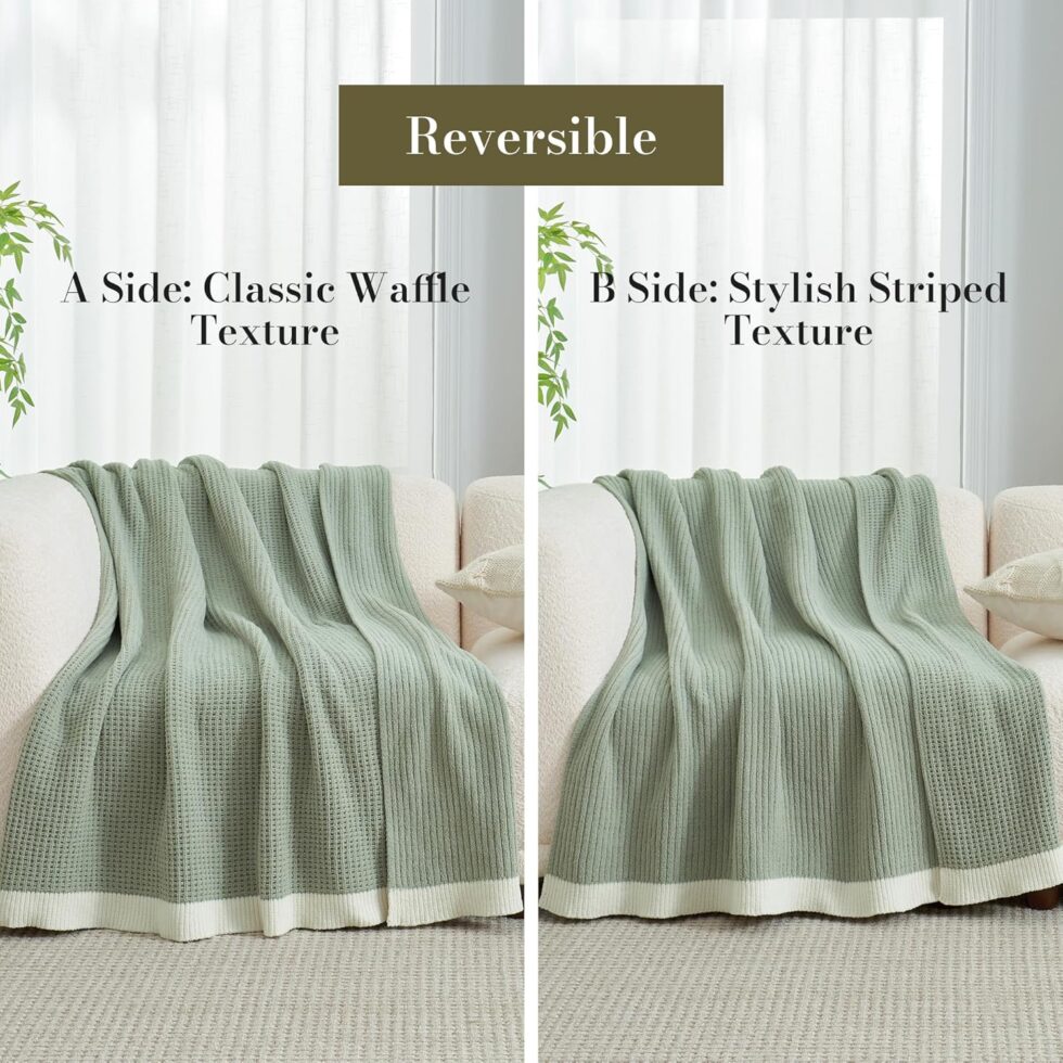 Amélie Home Chenille Waffle Throw Blanket for Couch, Reversible Soft Cozy Knit Blanket Lightweight Warm Decorative Throw for Sofa, Bed, Living Room, 50"x60", Sage Green