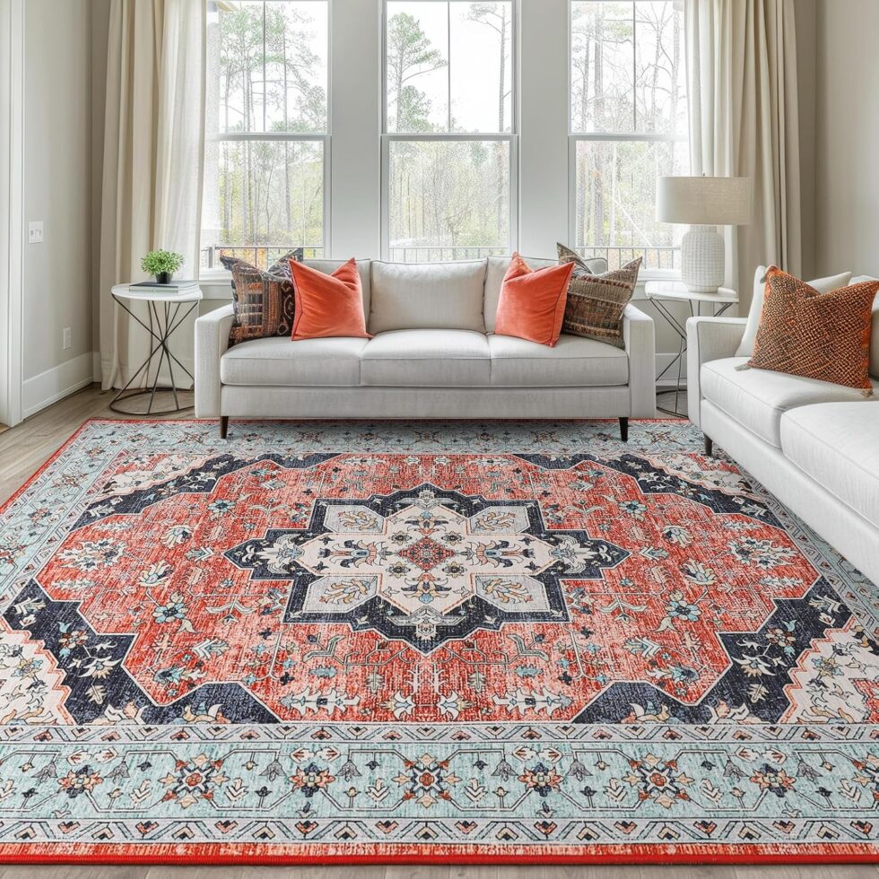 FlyDOIT Vintage Washable Area Rug, 6x9 Red Blue Floral Medallion Large Rugs for Living Room, Ultra Soft Accent Bedroom Rug, Indoor Non-SLI Throw Carpet for Entryway Dorm Kitchen Dining Room Decor
