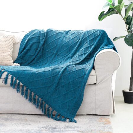 Solid Soft Cozy Cable Knitted Teal Blue Blanket Throw, Lightweight Decorative Textured Turquoise Throw Blanket with Fringes for Couch Chairs Bed Sofa, 50"x 60"