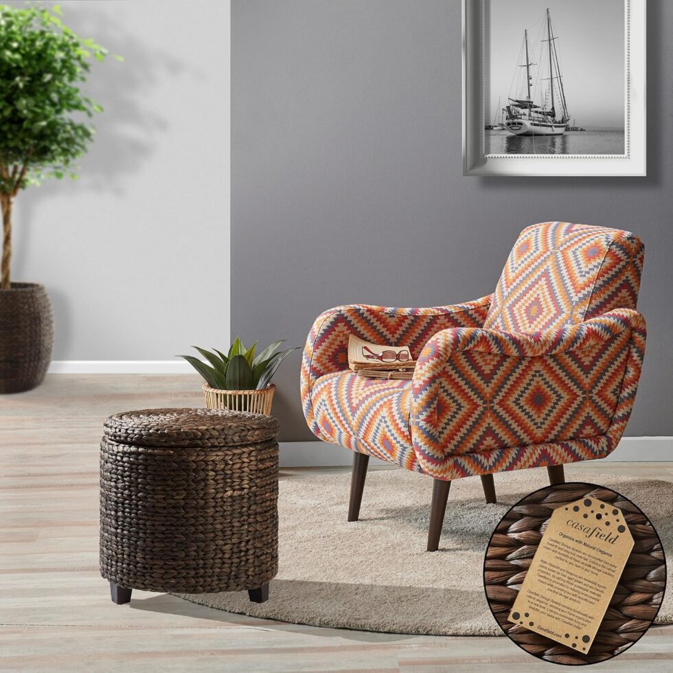 Casafield 17" Round Storage Ottoman with Lid - Espresso, Handwoven Water Hyacinth Footstool for Living Room, Bedroom, Bathroom, Home Office